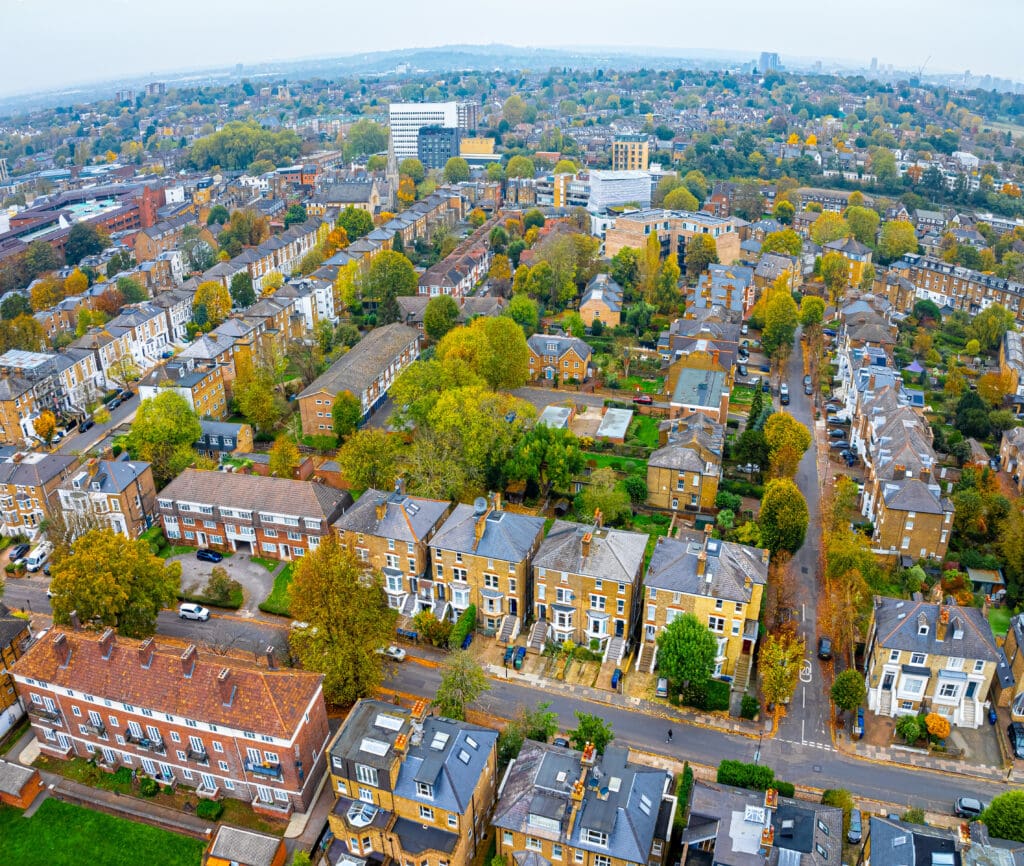 Aerial view of Ealing, a residential area in western part of London, UK