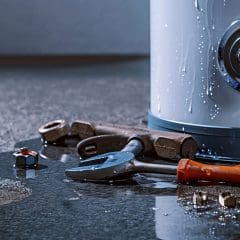 A leaking water heater with water pooling on the floor, surrounded by a wrench, pliers, nuts, and bolts, indicating a plumbing repair in progress.